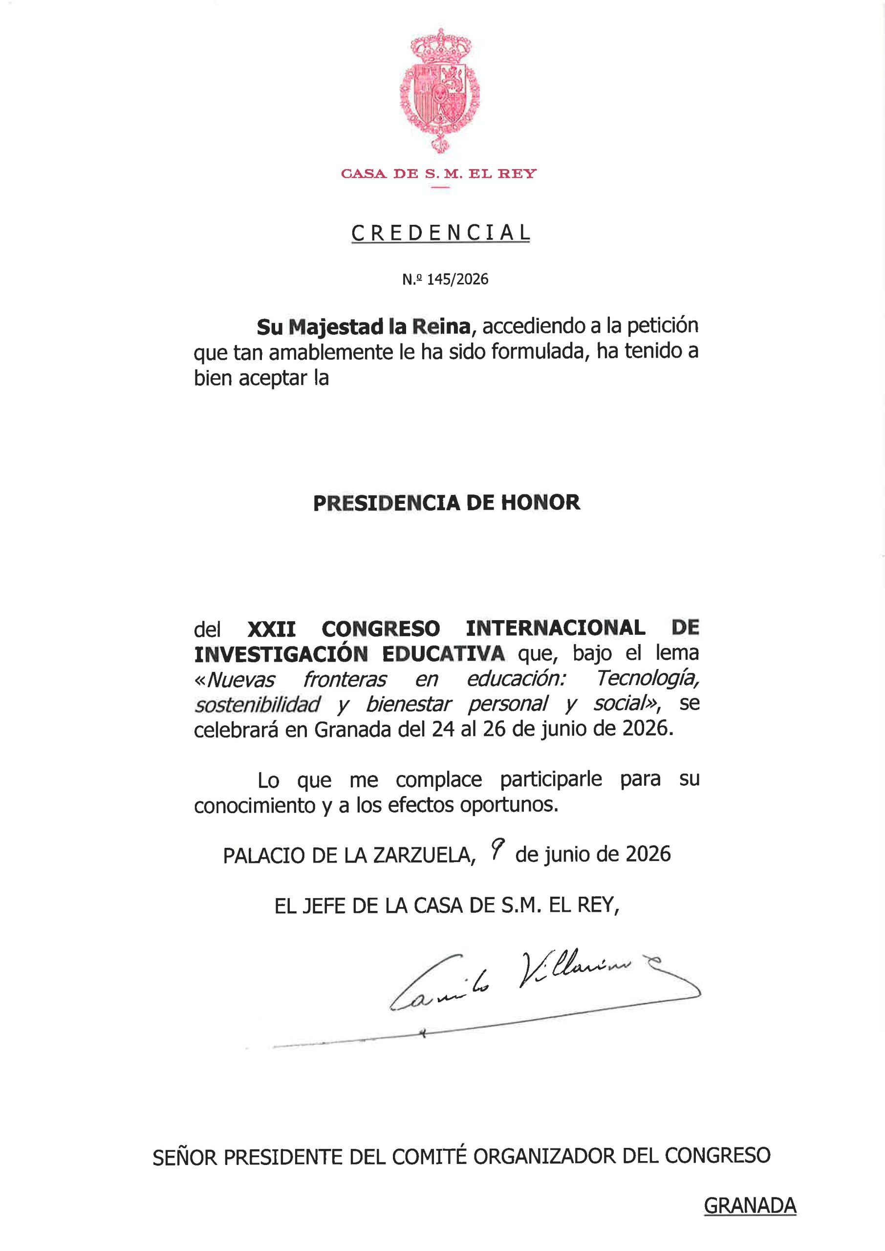Carta de aceptación de la presidencia de honor